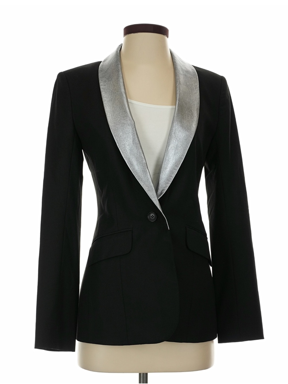 Elizabeth and James Black Tux Blazer with Silver Lamb Skin Collar